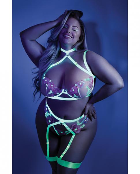 Glow Black Light Embroidered Harness Bra, Leg Garterbelt & G-string Neon Chartreuse Qn - Click Image to Close