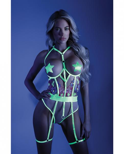 Glow Black Light Embroidered Cupless Garter Teddy (pasties Not Included) Neon Chartreuse L/xl