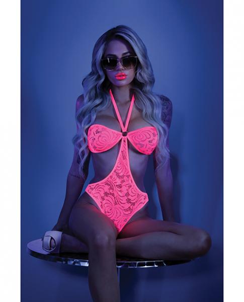 Glow Black Light Halter Bodysuit W/open Sides Neon Pink L/xl