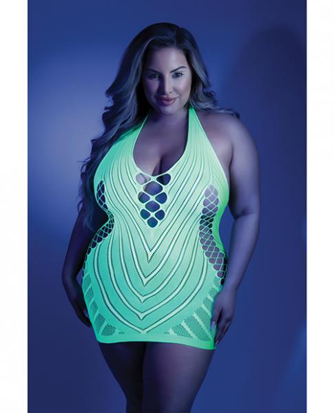 Glow Black Light Net Halter Dress Neon Green Qn