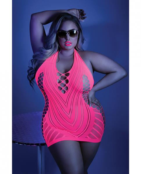 Glow Black Light Net Halter Dress Neon Pink Qn - Click Image to Close