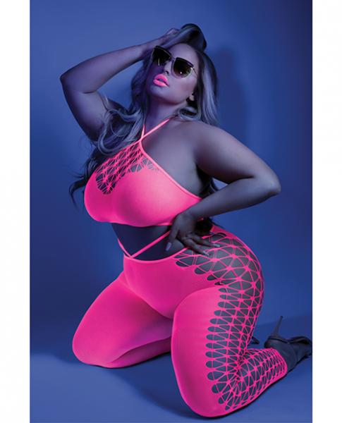 Glow Black Light Cropped Cutout Halter Bodystocking Neon Pink Qn - Click Image to Close