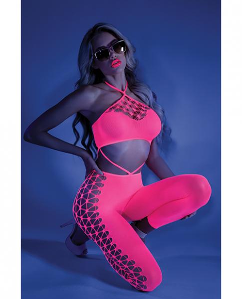 Glow Black Light Cropped Cutout Halter Bodystocking Neon Pink O/s