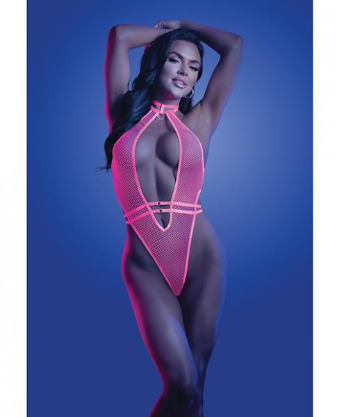 Glow Knockout Fishnet Teddy W/detachable Thong - Neon Pink M/l