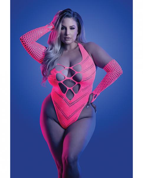 Glow Flashback Black Light Reactive Rhinestone Teddy W/gloves (or Leg Warmers) - Neon Pink Qn - Click Image to Close