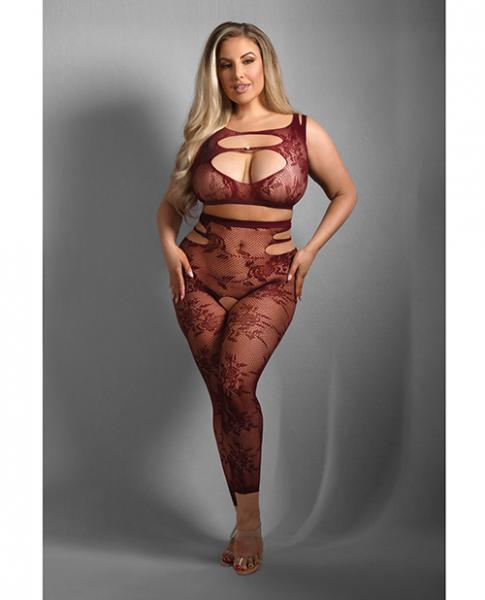 Sheer Undivided Attention Cut-out Lace Top W/ Crotchless Tights - Burgundy Qn