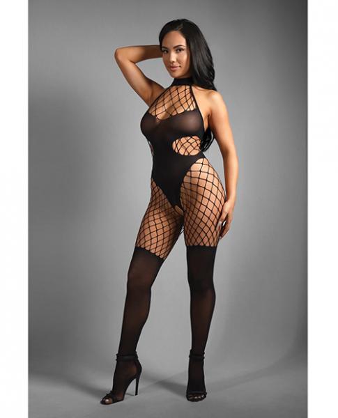 Sheer Lose Control Opaque And Fishnet High Neck Crotchless Bodystocking - Black O/s