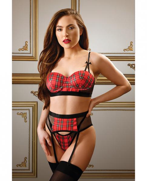 Tease Sophie Plaid Long Line Bra, Garter Belt & G-string Red L/xl