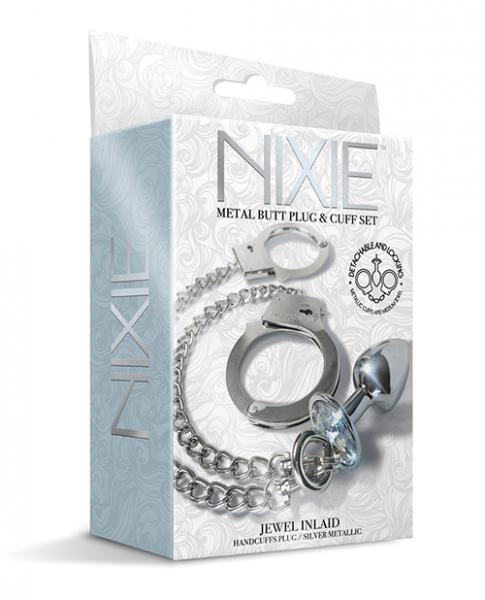 Nixie Metal Butt Plug W/inlaid Jewel & Cuff Set - Silver Metallic - Click Image to Close