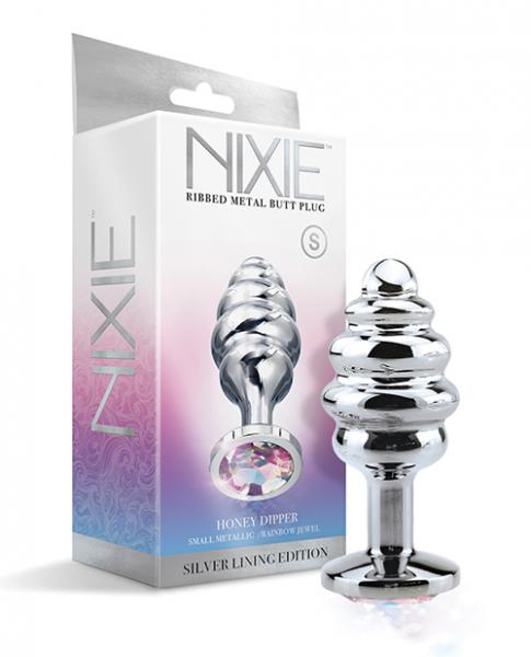 Nixie Honey Dipper Ribbed Metal Rainbow Jeweled Butt Plug - Small - Click Image to Close