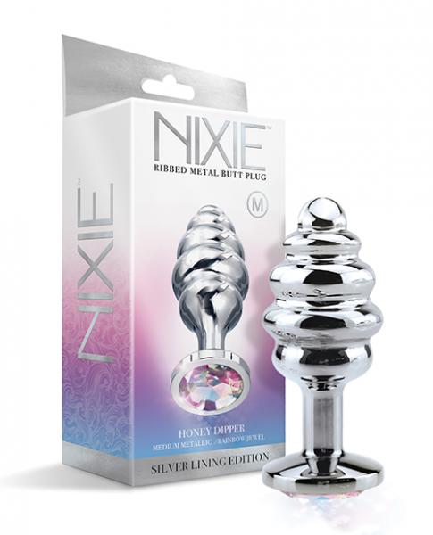 Nixie Honey Dipper Ribbed Metal Rainbow Jeweled Butt Plug - Medium - Click Image to Close