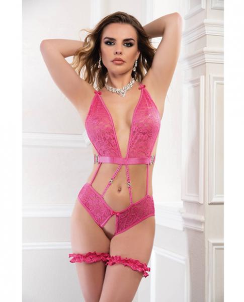 Lace Open Crotch Teddy W/garters - Raspberry Rose O/s