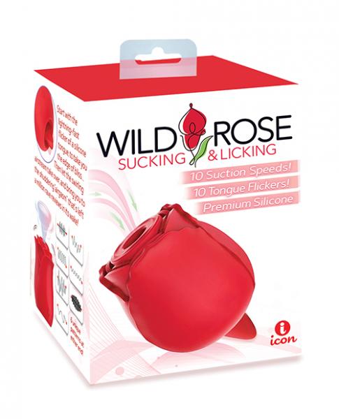 Wild Rose Rechargeable Silicone Suction & Tongue Vibrator - Red - Click Image to Close