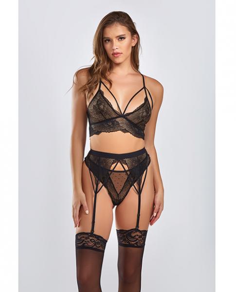 Everly Dot Mesh & Galloon Lace Strappy Bra, Garterbelt & Hipster Panty Black 1x