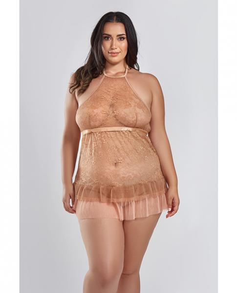 Amber Halter Lace Babydoll W/tiered Pleated Mesh Skirt Hem & G-string Brown 1x - Click Image to Close