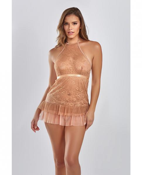 Amber Halter Lace Babydoll W/tiered Pleated Mesh Skirt Hem & G-string Brown Lg - Click Image to Close