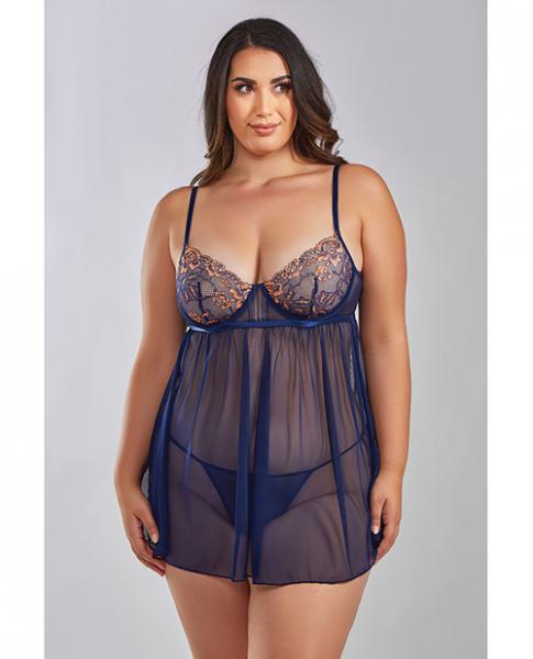 Jennie Cross Dyed Galloon Lace & Mesh Babydoll Navy 1x