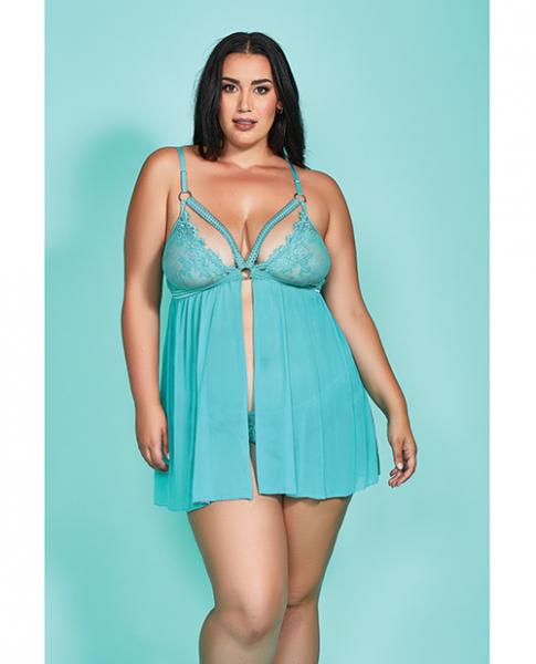 Riley Eyelash Lace Soft Cup Babydoll & Panty Teal 3x - Click Image to Close