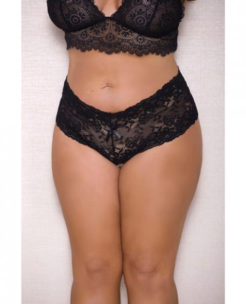 Lace, Pearl Boyshorts Satin Bow Accents Black 1X/2X