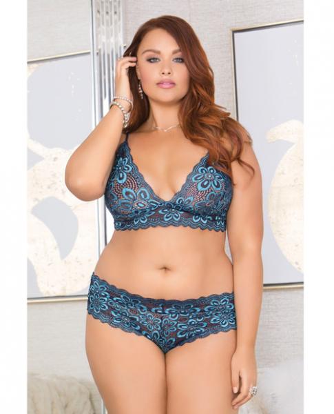 Lace Bralette Adjustable Straps & Panty Blue 1X - Click Image to Close