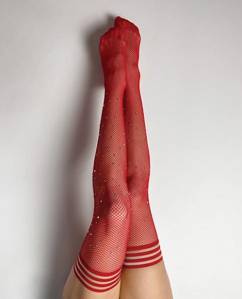 Kix'ies Joely Fishnet Rhinestone Thigh High Red B - Click Image to Close