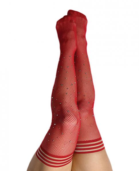 Kix'ies Joely Fishnet Rhinestone Thigh High Red C - Click Image to Close