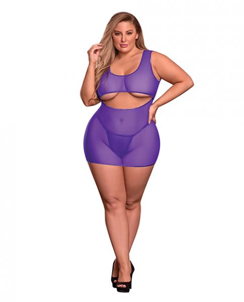 Sheer Mesh Underboob Dress & Crotchless G-string Purple Qn - Click Image to Close