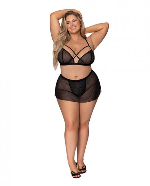 Girl Next Door Strappy Bralette W/flirty Thong Skirt Black 2x