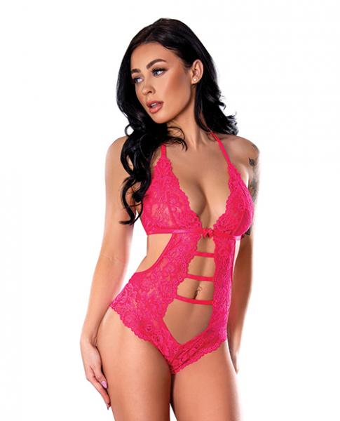 Get It Girl Lace Halter Teddy W/snap Crotch - Pink L/xl