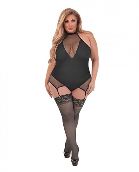 Sexy Time Fiona Halter Merry Widow Teddy W/split Crotch Black Qn