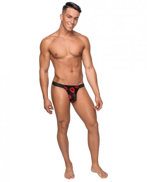 Kiss Me Mesh Micro Thong V Black Red S/M - Click Image to Close