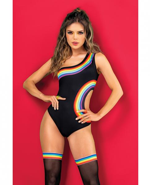 Pride One Shoulder Side Cut Out Bodysuit Black Prints L/xl - Click Image to Close