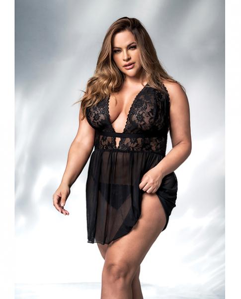 Lace & Mesh Babydoll & G-string Black 1x/2x - Click Image to Close