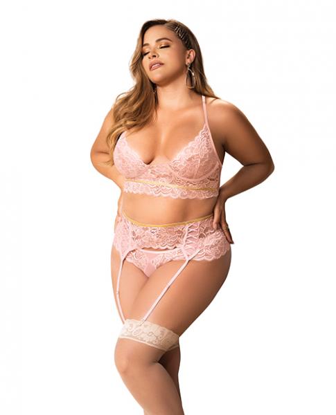 Lace Underwire Bra, Thong & Garterbelt W/lace Up Detail Rose 1x/2x