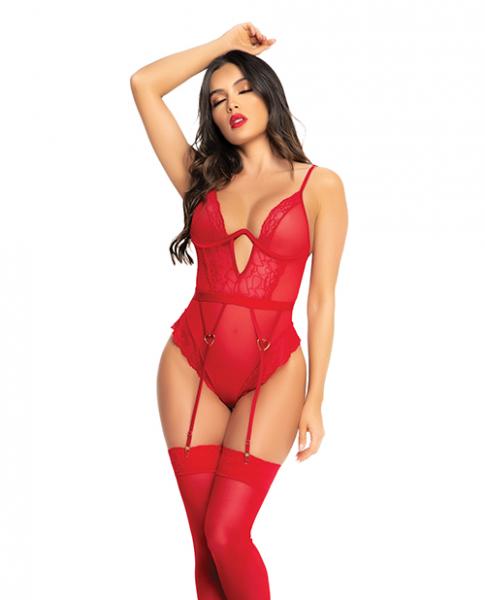 Heart Lace Underwire Bodysuit Red L/xl