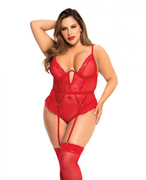 Heart Lace Underwire Bodysuit Red 3x/4x - Click Image to Close