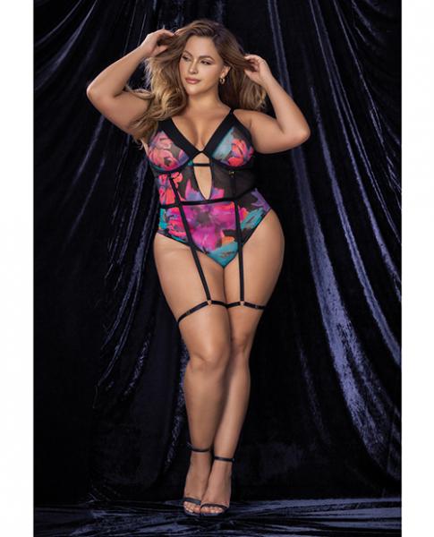 Flower Print Mesh Underwire Teddy W/detachable Garter Straps Multi Color 1x/2x - Click Image to Close