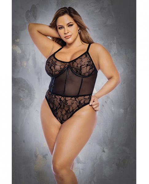 Floral Lace & Mesh Underwire Bodysuit W/lace Up Back Black 1x/2x