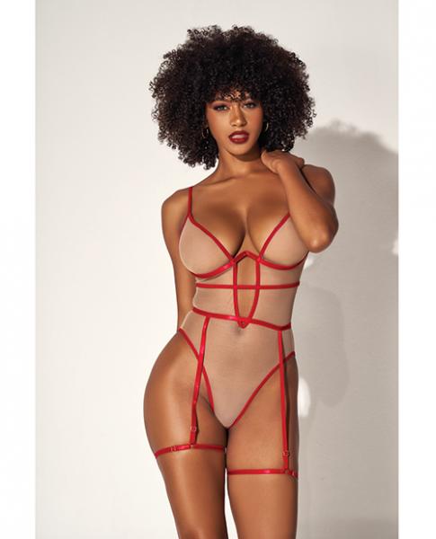 Underwire Bodysuit W/cut Out Heart Back Nude/red L/xl