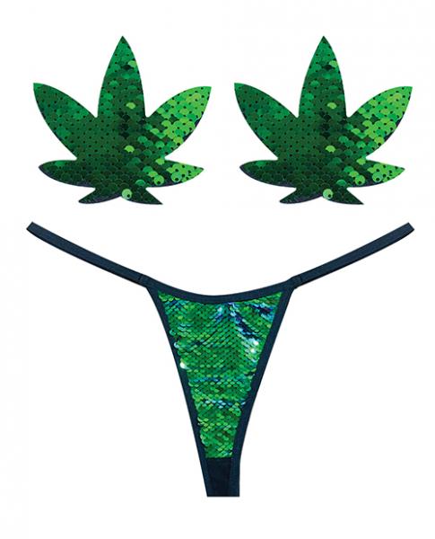 Neva Nude Naughty Knix Weed Leaf Sequin G-string & Pasties - Green O/s