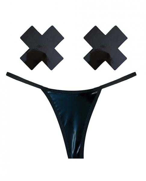 Neva Nude Naughty Knix Dom Squad Wet Vinyl G-string & Pasties - Black O/s - Click Image to Close