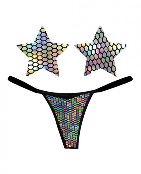 Neva Nude Naughty Knix Mirrored Mayhem Holographic G-string & Pasties - Black O/s - Click Image to Close