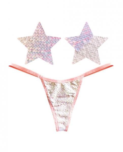 Neva Nude Naughty Knix Princess Bride Flip Sequin G-string & Pasties - Pink/white O/s - Click Image to Close