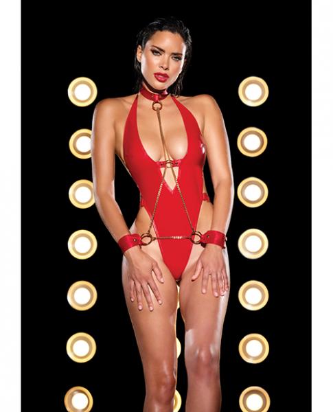 Fetish Submissive V-plunge Vinyl Teddy W/removable Chain Harness & Hand Red L/xl