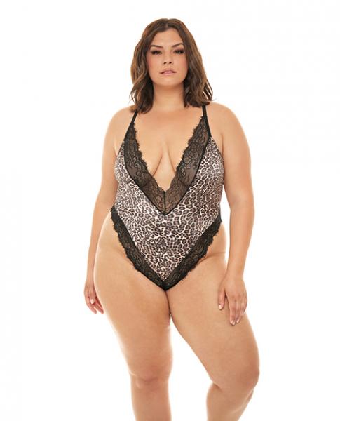 Jolene Satin Teddy W/plunging Neckline Leopard/black 1x/2x - Click Image to Close