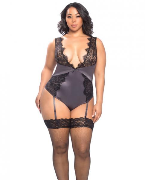 Arabella Lace, Satin Teddy, Garters Excalibur Black 1X - Click Image to Close