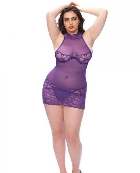 Dramatic Floral High Neck Babydoll & G-String Grape 4X - Click Image to Close