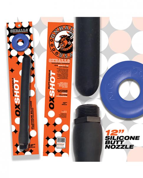 Oxballs Oxshot 12" Silicone Butt Nozzle W/flex Cockring - Black/blue