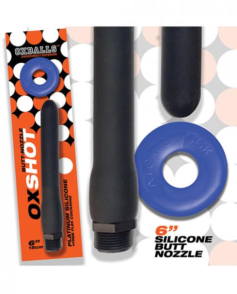 Oxballs Oxshot 6" Silicone Butt Nozzle W/flex Cockring - Black/blue - Click Image to Close