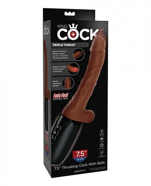 King Cock Plus Thrusting, Warming & Vibrating 7.5" Triple Threat Dong - Brown - Click Image to Close